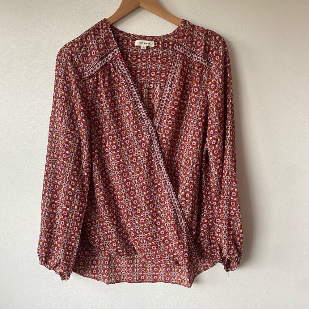 Max Studio large boho abstract orange patterned long sleeve blouse